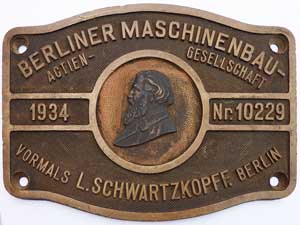 Fabrikschild BMAG-Schartzkopff, Fabriknummer: 10229, Baujahr: 1934, Messingguss mit Rand, von DRG Kb 4330 / DRo Kb 4330, 100-330, 310-330