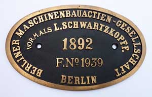 Fabrikschild BMAG, Fabriknummer: 1939 Baujahr: 1892, Messingguss mit Rand, oval, von KED Erfurt "1314", G3