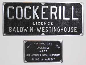 Fabrikschild Cockerill, 1954, Aluminiumguss rechteckig, Riffelgrund mit Rand. Das Schild ist von der belgischer Diesellok Baureihe 59 (ex-201), Baujahr: 1954. BxH = 590 x 250 mm.