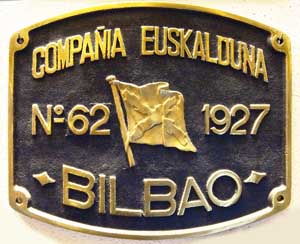 Fabrikschild Compaia Euskalduna, Bilbao. Fabriknummer: 62, Baujahr: 1927, Messingguss rechteckig, glatt mit Rand. Das Schild ist von einer 1'D, 1672 mm, der Spanischen Statsbahn Norte 140-2993.