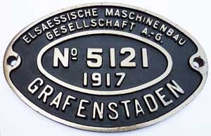 Fabrikschild Grafenstaden, Fabriknummer: 5121, Baujahr: 1917, Eisenguss mit  Rand, von KPEV - Tender