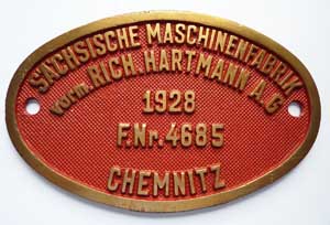 Fabrikschild Hartmann, Fabriknummer: 4685, Baujahr: 1928, Messingguss mit Rand, von DRDG 99 738, 214 x 135mm