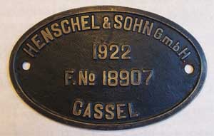 Fabrikschild Henschel, Fabriknummer: 18907, Baujahr: 1922 Eisenguss oval, riffelgrund mit Rand (GFemR), von DRG 92 1009, 210 x 130 mm