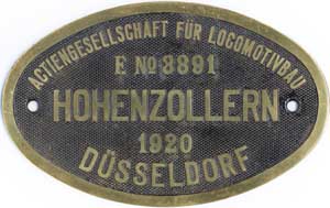 Hohenzollern 3891, 1920, Messingguss, Riffelgrund mit Rand, von Lok-7