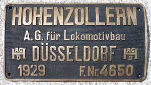 Fabrikschild Hohenzollern, Fabriknummer: 4650, Baujahr: 1929, Messingguss, rechteckig, von DRG 80-039