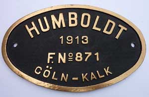 Fabrikschild Humboldt, Fabriknummer: 871, Baujahr: 1913. Messingguss mit Rand, von DRG 38-1409