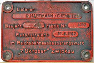 Rekoschild vom RAW Zwickau. Fabriknummer 4352, 1962, von 58-3056