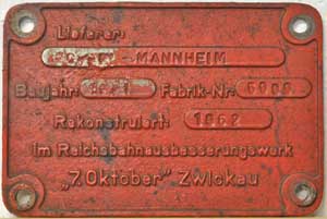 Rekoschild vom RAW Zwickau. Fabriknummer 5009, 1962, von 58-3052