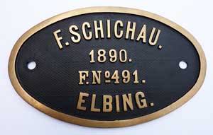 Fabrikschilder Schichau, Fabriknummer: 491, Bauahr: 1890, Messingguss mit Rand, von KPEV Bromberg 1075, G4.2, Tenderschild