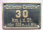 Deutschland (Lnderbahn/DR), Geschwindigkeitsschild der Lnderbahnen bzw. DRG: Grsste Geschwindigkeit, 30 km. i. d. St. oder 500 m. i. d. Minute. Messingguss, Riffelgrund  mit Rand (GMsmR).