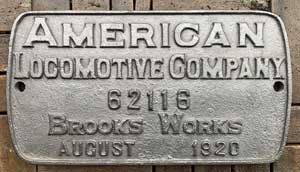 Fabrikschild American Locomotive Company, ALCO, Brooks Works, U.S.A., Fabriknummer: 62116, Baujahr: 1920. Eisenguss rrechteckig, glatt mit Rand. BxH = 340 x 186 mm. Das Fabrikschild ist von der Lok 729 der Estrada de Ferro Central do Brasil.