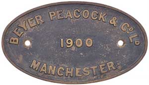 Fabrikschild Beyer Peacock & Co, Manchester: Fabriknummer: 1900, Baujahr: -. Messingguss, oval, glatt mit Rand. BxH = 260 x 150 mm.