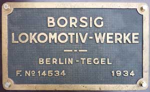 Fabrikschild Borsig, Fabriknummer: 14534, Baujahr: 1934, Messingguss rechteckig, Riffelgrund mit Rand, von DRG 03 170