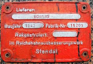 Fabrikschild Borsig, Fabriknummer: 15203, Baujahr: 1942, Aluminiumguss mit Rand (GAlmR), Das Schild ist von der DRo Rekolokomotive 50 0061-7.