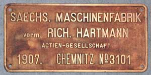 Schsische Maschinenfabrik Hartmann, Nr. 3101, 1907, Messingguss mit Rand, von F.C.Norte, Nr.2655, + 1941, RENFE-040-2475