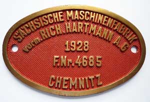 Fabrikschild Hartmann, Fabriknummer: 4685, Baujahr: 1928, Messingguss mit Rand, von DRDG 99 738, 214 x 135mm