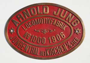 Fabrikschild Arnold Jung, Fabriknummer: 1000, Baujahr: 1906, Messingguss mit Rand, von Dn2vt, 450PS, 40,5 t, Freien-Grunder-Eisenbahngesellschaft