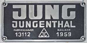 Fabrikschild Jung Jungenthal, Fabrik-Nr. 13112, Baujahr 1959, Aluminiumguss mit Rand, von DB 23 104