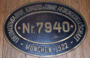 Krauss 7940, 1922, Messing, Riffelgrund  mit Rand, von DRG 89 860