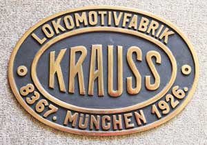 Fabrikschild Krauss, Fabriknummer: 8367, Baujahr: 1926, Messingguss mit Rand, von Eh2t, 1435mm, ab 1967: Butzbach-Licher-Eisenbahn BLE-Lok 204, ex Cassel-Naumburger-Eisenbahn, KN-Lok 4