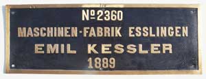 Fabrikschild Maschinenfabrik Esslingen, Fabriknummer: 2360, Baujahr: 1889, Messingguss rechteckig, Riffelgrund mit Rand. Das Schild ist von der DSB-HS373, ex. HS 83.