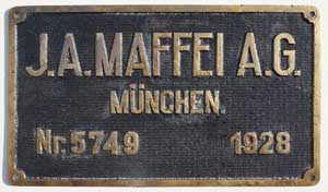 Fabrikschild Maffei, Fabriknummer: 5749, Baujahr: 1928, von SAR-Garrat 2426
