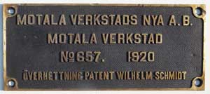 Fabrikschild Motala, Fabriknummer: 657, Baujahr: 1920, Messingguss rechteckig, Riffelgrund mit Rand (GMsmR)