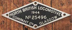 Fabrikschild North British Locomotive Company. Fabriknummer: 25496, Baujahr: 1944. Aluminiumguss, rautenfrmig. Das Schild ist von der NS 5066. BxH = 430 x mm.