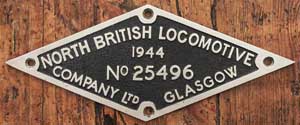 Fabrikschild North British Locomotive Company. Fabriknummer: 25496, Baujahr: 1944. Aluminiumguss, rautenfrmig. Das Schild ist von der NS 5066. BxH = 430 x mm.