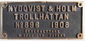 Fabrikschild Nydqvist&Holm, Trollhttan, (spter Nohab). Fabriknummer: 965, Baujahr: 1930. Messingguss rechteckig, Riffelgrund mit Rand. Das Schild ist von einer D3 der SJ,  E 950