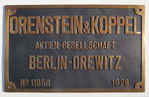 Fabrikschild Orenstein & Koppel, Berlin-Drewitz, Fabriknummer: 11659, Baujahr: 1928, Messingguss mit Rand