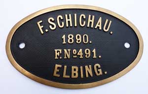 Fabrikschilder Schichau, Fabriknummer: 491, Bauahr: 1890, Messingguss mit Rand, von KPEV Bromberg 1075, G4.2, Tenderschild