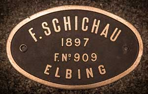 F. Schichau, Elbing, Fabrik-Nr. 909, 1897, Messingguss mit Rand, von preuischer G1, "Danzig 3009", Rahmenschild
