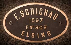 F. Schichau, Elbing, Fabrik-Nr. 909, 1897, Messingguss mit Rand, von preuischer G1, "Danzig 3009", Rahmenschild
