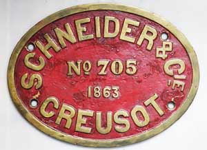 Fabrikschild Schneider & Cie., Creusot. Fabriknummer: 705, Baujahr: 1863, Messingguss, oval, glatt mit Rand. Das Schild ist von der MZA (Madrid-Zaragoza-Alicante) 225, Renfe 030-2283.