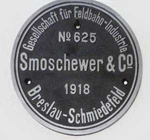 Fabrikschild Smoschewer, Fabriknummer: 625, Baujahr: 1918, Eisenguss mit Rand, von Ct-750mm, Slovakei, ex Dt-600mm, CFF