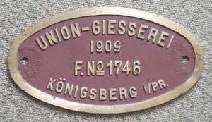 Union-Giesserei 1746, 1909 von DRG 55 1302, Messing oval, Riffelgrund mit Rand