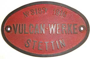 Fabrikschild, Vulcan-Werke 3183, 1916, GFeO, von DRG/DB 78 086