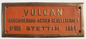 Fabrikschild Vulcan, Fabriknummer: 90, Baujahr: 1884, Messingguss mit Rand, C1660mm, Schild von RENFE 030-2115, ex NORTE-1482, Leridaa Reusy, Tarragon