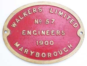 Land = ?, Fabrikschild Walkers Limited Engineers, Maryborough: Fabriknummer: 57, Baujahr: 1900. Messingguss mit Rand (GMsmR). BxH = 320 x 250 mm.