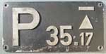 Deutschland (BRD), Gattungsschild der DB: P 35.17, Aluminiumguss, runde Ziffern (GAlR). BxH = 280 x 135 mm. Von DB, Baureihe 38.10.