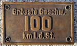 Deutschland (DRG), Geschwindigkeitsschild DRG: Grösste Geschwindigkeit 100 km I.d.St., GMsmR. Ungewöhnlich die Schreibweise der "1" ohne abfallenden Strich und das "I" groß geschrieben. BxH = 146 x 87 mm.