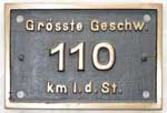 Deutschland (DR), Geschwindigkeitsschild der DRG: Grsste Geschw. 110 km i.d.Std. Messingguss, rechteckig, Riffelgrund mit Rand. BxH = 150 x 110 mm. Das Schild ist von der Baureihe P10/39.