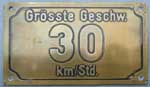 Geschwindigkeitsschild 30km/Std, Messingblech, 137x81mm, von Köf