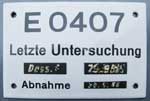 Innenschild von E04 07, Untersuchungsschild, Emaille, Ausführung DRo