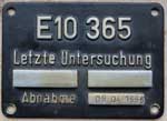 Innenschild E10 365, Aluguss, Untersuchungsschild