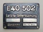 Innenschild von E40 502, Untersuchungsschild