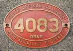 Südafrika, Lokschild der SAR (South African Railways, heute Transnet Freight Rail): 4083 GMAM, Messingguss oval, mit Rand (GMsmR). BxH = x mm.