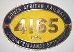 Südafrika (SAR), South African Railways, Suid-Afrikaanse-Spoorwee: 3825 S.I., Messingguss, oval, glatt mit Rand.