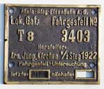 Rahmenfabikschild der Lok Nr. 51 der RES (Rhein-Sieg-Eisenbahn-AG),  ehemals T8-3403. Messingguss rechteckig, Riffelgrund mit Rand. BxH = ? mm.
